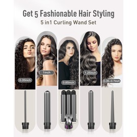 Waver Curling Iron Curling Wand - BESTOPE PRO 5 in 1 Curling Wand Set with 3 Barrel Hair Crimper for Women, Fast Heating Crimper Wand Curler in All Hair Type - Gray
