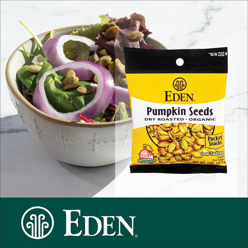 Eden Organic Pumpkin Seeds, Pocket Snacks, Dry Roasted, Lightly Salted,