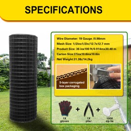 Wirewonders Black Hardware Cloth 1/2inx36inx100ft, Chicken Wire Fencing, 19Gauge, Vinyl PVC Coated Mesh, Welded Wire mesh, Perfect for Gopher Wire, Rodent Mesh, Tree Guard, Chicken Coop