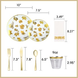 Fabulous Party 175PCS White and Gold Plastic Dinnerware Set for 25 Guests,Maple Leaf Gold Disposable Plates for Party, Include 50 Plates, 25 Paper Napkins, 25 Cups, 25 Plastic Silverware Set