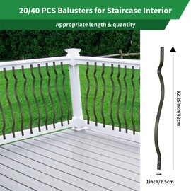 Deck Balusters, 32-1/4 Inches Heavy Duty Metal Deck Spindles with Screws, 20 Pack Staircase Baluster Iron Deck Railing for Wood and Composite, Wave Arc Stylish Baluster for Deck Outdoor Porch (20)