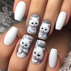 White Press on Nails Medium Square Cute Cat Cat Press on Nails Cute Cat False Nails with Cute Design Flower Fake Nails Glossy Stick on Nails for Women and Young Girl Manicure Art 24Pcs