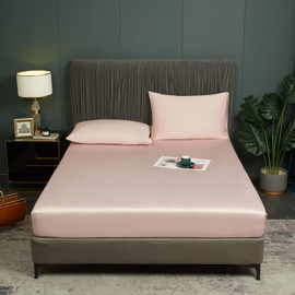 Luofanfei Bamboo Lyocell Fitted Sheet 140 x 200 cm Pink Light Pink Box Spring Bed Terry Cloth Topper Shiny Bamboo Fibre Pattern Flat Sheet Plain Fitted Sheet for High Mattresses up to 25-30 cm