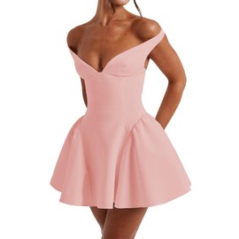 Azhong Women's Summer Sexy V Neck Off Shoulder Wedding Mini Dresses Backless A Line Puffy Hem Prom Party Gown Pink