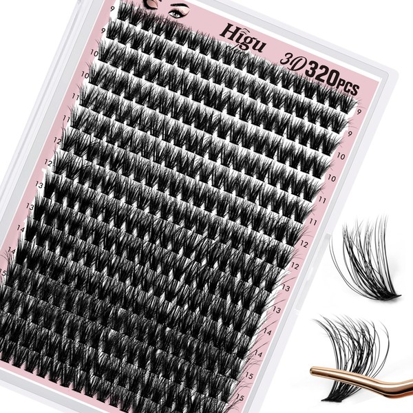 Higu clace Individual Eyelashes, 320 Pieces, Eyelash Clusters, D Curl, 9-16 mm, DIY Eyelash Extension, 50D, 0.07 mm, Layered Fluffy and Bushy Cluster Lashes at Home (50D 0.07D Mix 9-16 mm)
