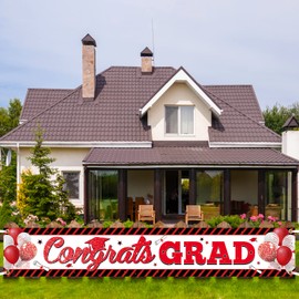 Red Black Congrats Grad Yard Banner, Large Red Black Graduation Decorations Banner 2025, Red Black Graduation Yard Sign Banner for 2025 High School/College Graduation Party Decorations 118" x 19.6"