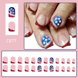 Indeoendence Day Red French Tip Press on Nails Short Square Glitter Powder Stripes Design 4th of July Nude False Nail Full Cover Glossy Acrylic Fingernails USA Flag Patriotic Stick on Nail for Women
