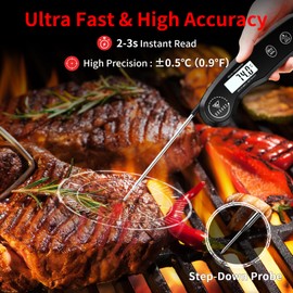 DOQAUS Meat Thermometers, 3S Instant Read Food Thermometer with ±0.5℃ Precision, Backlit LCD, 12cm Stainless Food Probe, Auto On/Off Meat Thermometer Probe for Cooking, Baking, BBQ, Water, Oil, Black