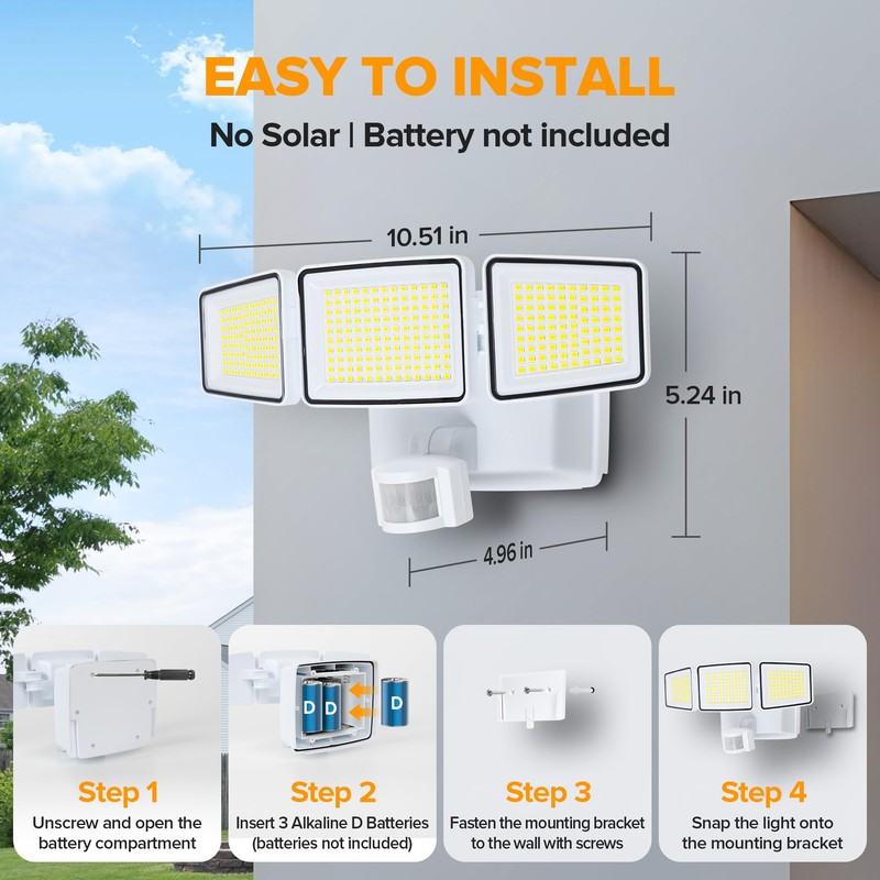 UME Battery Powered Motion Sensor Outdoor Lights 302 LED 1800LM,