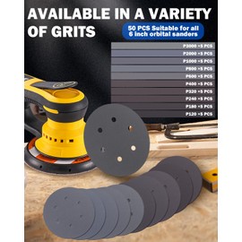 50PCS 6 Inch Wet Dry Sanding Paper Discs Hook and Loop, 6 Hole 120 to 1000 2000 3000 Grit Sandpaper for DA Random Orbital Sander, Silicon Carbide Fine Sandpaper Assortment for Car Wood Metal Polishing