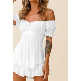 Fixmatti Summer Boho Chiffon Romper for Women Off Shoulder Jumpsuits Casual Short Plasysuit Beachwear White M