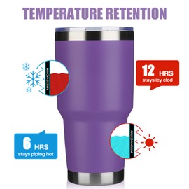MEWAY 30 oz / 1 unidades de taza de viaje con aislamiento al vacío de doble pared, vaso de acero inoxidable con tapa, pajita, taza de café aislada con recubrimiento de polvo duradero para bebidas frías y calientes (morado, 1)