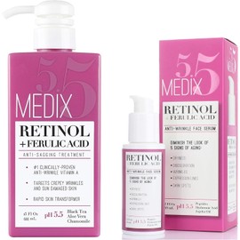 Medix 5.5 Retinol Cream & Retinol Serum two-piece set. Anti-aging retinol set w/ferulic acid for wrinkles, fine lines, expression lines, dark spots. Contains 2oz serum & 15oz cream for face & body