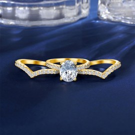 18K Yellow Gold Plated 7 * 9mm Oval Cubic Zirconia Three-in-One Wedding Band Engagement Promise Eternity Ring for Women Size 8
