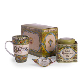 Claddagh Irish Tea Set with a 14OZ Tea Cup, Teabag Holder and a reusable tea tin filled with 50 Irish Breakfast Tea Bags in a matching Gift Box from the Irish Weave Collection