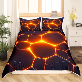 Boys Honeycomb Bed Linen Set, 135 x 200 cm, Black and Gold Honeycomb Duvet Cover, Girls Children Beehive Geometric Comforter Cover, Geometric Hexagon Bed Linen, Neon Lights Bedding