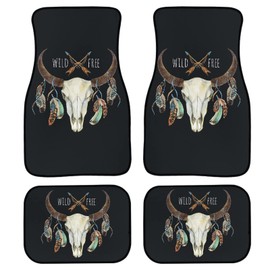 Foruidea Cow Buffalo Skull with Feathers Front & Rear Car Floor Mats for Cars Auto Floor Mats 4-Pcs Full Set Car Carpet Floor Mats Universal fit for suvs,Trucks,sedans,Vans