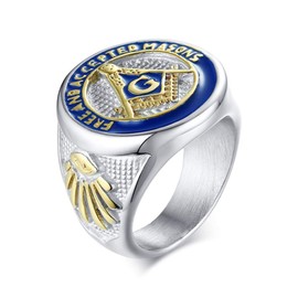 IFUAQZ Men's Stainless Steel Freemason Symbol Masonic Ring Silver Gold Blue Free and Accepted Masons Signet Rings Band, Silver White Size 12