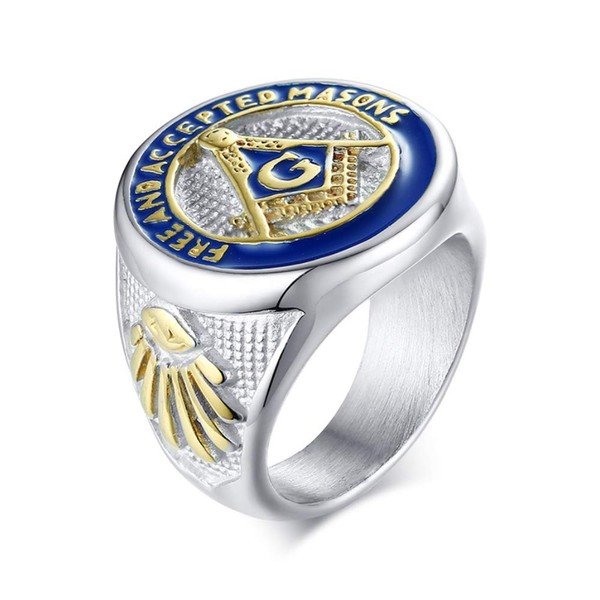 IFUAQZ Men's Stainless Steel Freemason Symbol Masonic Ring Silver Gold