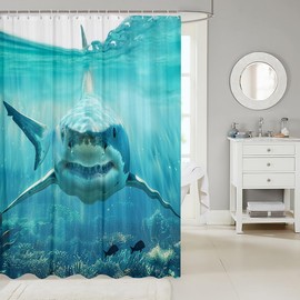 Feelyou Shark Shower Curtain for Stalls Bathtubs 3D Shark Fish Bathroom Shower Curtain Set Ocean Marine Theme Bath Curtain Room Decor Wild Animal in The Sea Waterproof Bathroom Curtains 72x72 Inch