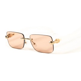Street Knitted Men's Pink Tint Rectangular Hip Hop Gold Frame Leopard Head Rimless Sunglasses