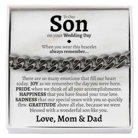 Pulsera de eslabones cubanos de boda, regalo de novio de padres, regalo de boda para hijo de padres, regalo de boda sentimental de padres, a nuestro hijo en el día de su boda, regalo para hijo casarse, Large, Acero inoxidable, Acero inoxidable