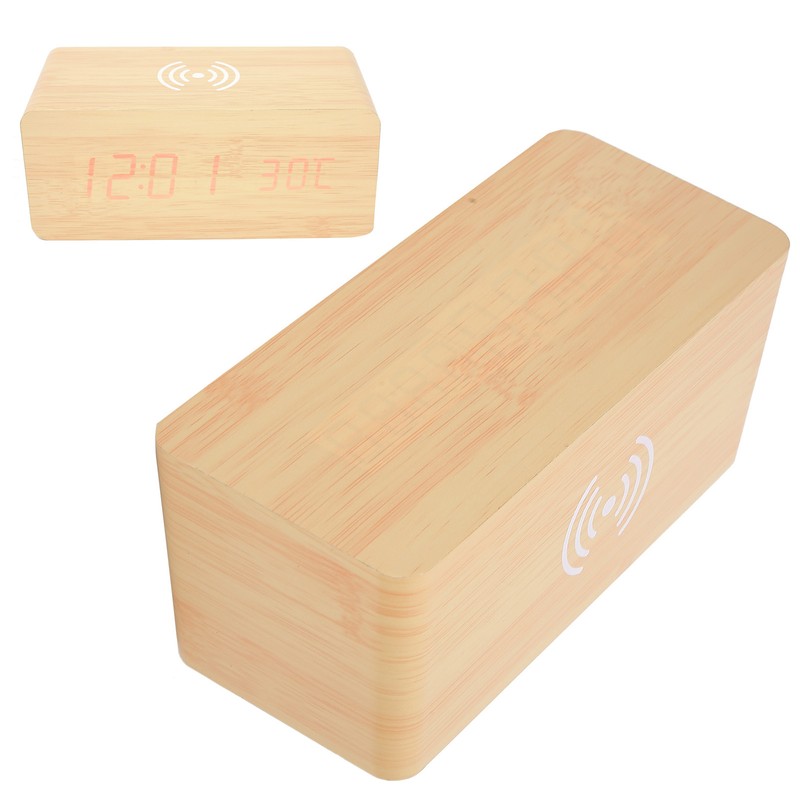 Wooden Clock Alarm Mobile Phone Wireless Charging Wood Voice Control