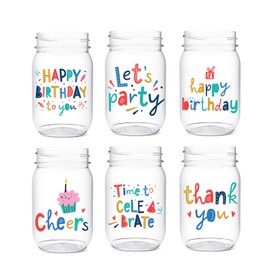 TOSSWARE POP 16oz Mason Beaming Birthday, SET OF 6, Premium Quality, Recyclable, Unbreakable & Crystal Clear Plastic Printed Mason Jars