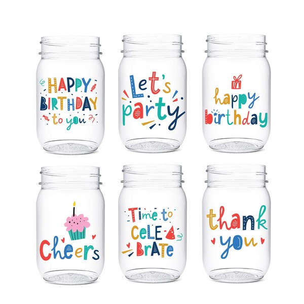 TOSSWARE POP 16oz Mason Beaming Birthday, SET OF 6, Premium Quality, Recyclable, Unbreakable & Crystal Clear Plastic Printed Mason Jars