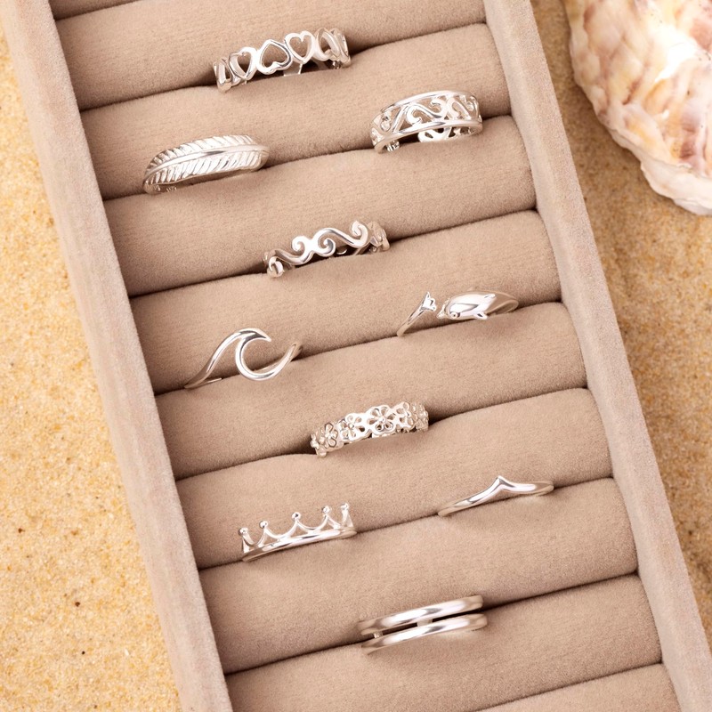 Amberta 925 Sterling Silver Toe Ring Adjustable Women's Dolphin Flowers