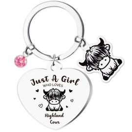 Soireeparty Funny Highland Cow Gifts Keychain - Just A Girl Who Loves Animal Keyring for Women, Cute Crazy Cartoon Lover Stainless Steel Pendant for Mum Sister Friend Silver