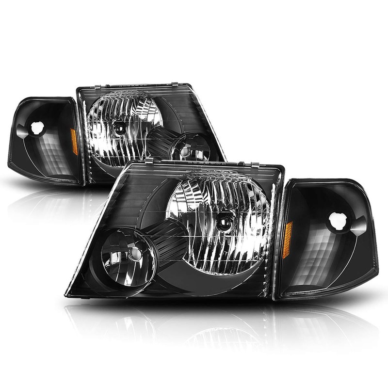 [4Pcs-Set] Headlights Assembly+Corner Lamps Compatible with Ford Explorer 02-05,Black Housing/Amber