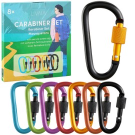 8 Carabiner Hooks with Screw Lock - Aluminium Carabiner Keyring in Colourful - Carabiner Hook Small Load Capacity up to 30 kg - as Keyring Carabiner and Camping Accessories from LIVAIA