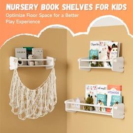 Floating Nursery Book Shelves for Wall: 24-inch Book Shelves for Kids Room Organizer for Children's Books and Toys - Wood Kids Bookshelves with Toy Storage Hammock, Space-Saving and Decor 4-Pack(3+1)