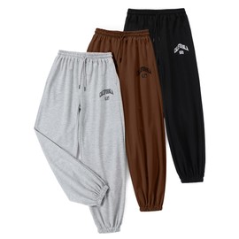 EXARUS Girls' Sweatpants 3 Pack Sweat Pants Kids with Pockets Drawstring Baggy High Waisted Preppy Cute Joggers Youth 12Y