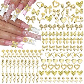 RODAKY 120PCS Gold Bow Heart Nail Charms Rose Nail Art Charm Valentine's Day Nail Jewels Gems for Acrylic Nails 12 Styles Nail Decoration Accessories Manicure Design