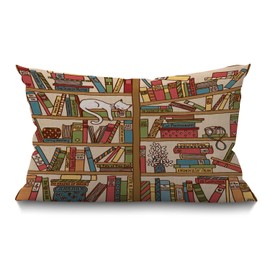 BGBDEIA Book Cushion Cover 30 x 50 cm Nerd Book Lover Cat Sleeping Over Bookshelf in Library Boho Design Rectangle Pillow Cases Home Decorative Cotton Linen Throw Pillow Cover for Bed Sofa 12x20 Inch