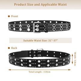 JAMAKALA Double Row Studded Grommet Belt, Punk Rock PU Leather Belt for Women Men, Women's Goth Rivet Belt, Black Gothic Belt Accessories for Jeans Pants
