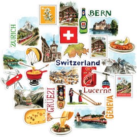 Navy Peony Stunning Switzerland Travel Stickers (31pcs) - Watercolor, Waterproof, Country Themed Vacation Decals for Journal, Scrapbook, Water Bottle