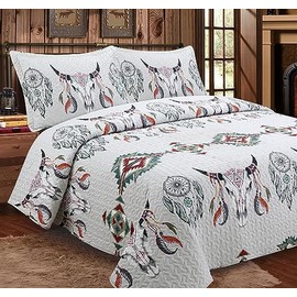 3 Piece Western Bull Skull Native Tribal Dream Catcher Feather Artisan Southwestern Boho Design Quilt Bedding Set with Shams