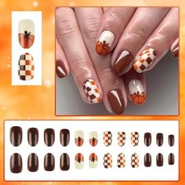 24Pcs Fall Thanksgiving Day Press on Nails Short Oval Shape Fake Nail with Checkerboard Design Acrylic Nails Pumpkin Brown Press on Reusable Glue on Nails Full Cover Stick on Nails for Women