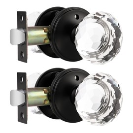 2 Pack Orger Glass Door Knobs for Bedroom and Bathroom, Interior Privacy Door Knobs with Black Finish, Round Clear Crystal Door Handles and Heavy Duty Rosette