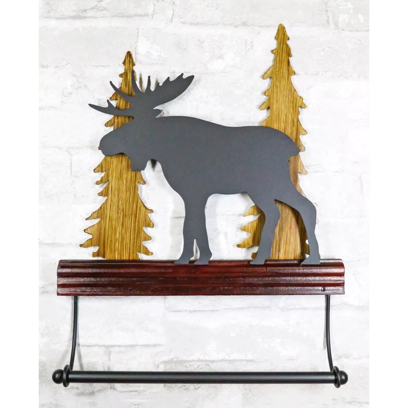 Rustic Western Elk Moose Deer by Pine Forest Wooden Wall