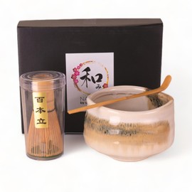 Matcha Bowl Whisk and Scoop Set 21oz Porcelain Matcha Bowl With Bamboo Whisk and Scoop 3 Pieces Japanese Tea Ceremony Kit Set (Beige Brown)