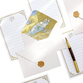 moin moin letter set 2203ltrs17 8 + 6 envelopes + 6 envelopes + 6 sealing wax molds plump stickers set/painting art art (white x gold line full set)