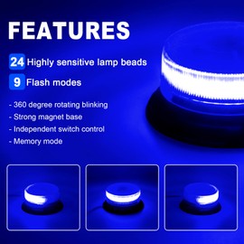 Dinfu Blue Light Car, Blue Light Magnet 12 V Front Flasher Magnetic Base Rotating Light Blue 9 Flashing Light Warning Light with Car Charging Cable for Police Car Truck UTV