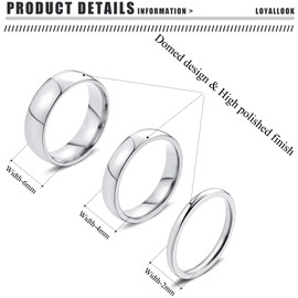 LOYALLOOK 2mm 4mm 6mm Silver Rings Stainless Steel Knuckle Rings Plain Dome Stackable Rings Wedding Band for Women Men 3Pcs Size 7