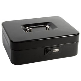Safe Cash Box With Combination Lock, Decaller Medium Double Layer Cash Box with Money Tray Locking Storage Box, 9 4/5" x 7 4/5" x 3 1/2", QH2501M, Black