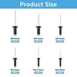 Pack of 220 Blind Rivets Set, Aluminium Blind Rivets with Large Flange, for Pop Rivets Assortment with Flat Head, Aluminium Rivets for Metal Wood Plastic Furniture (Black, M3.2/M4/M5 x 8/10/12/14/16