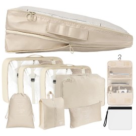 9-Piece Suitcase Organiser Set with Compression, Packing Cubes Beige with Liquid Pockets, Packing Cube Set, Travel Organiser for Suitcases, Travel Clothes Bags, Packing Cubes with Cosmetic Bag